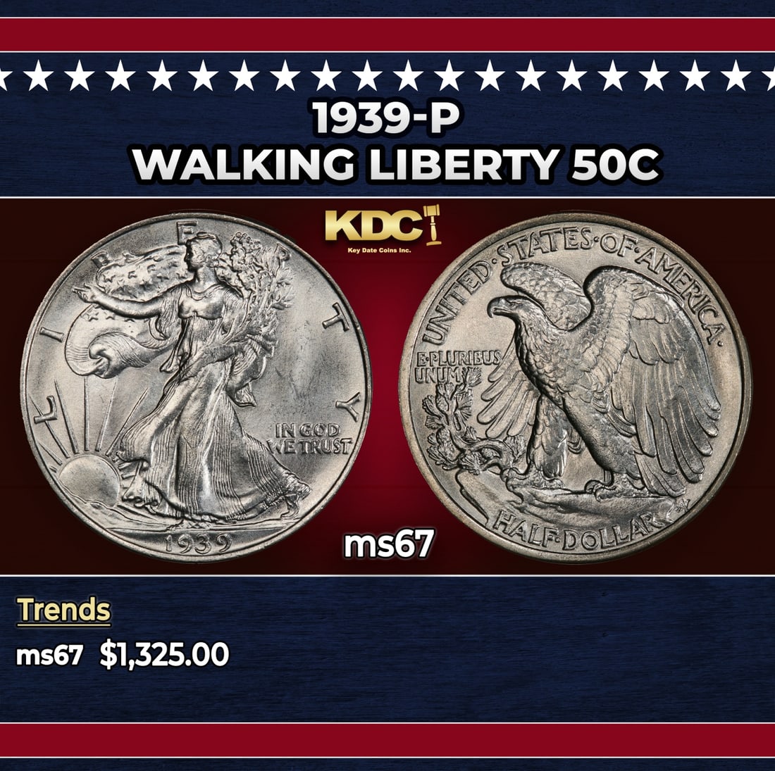 1939-p Walking Liberty Half Dollar 50c ms67 SEGS: 1939-p Walking Liberty Half Dollar 50c ms67 SEGS. Historic precious metal trends is causing increased spot pricing by the day. On auctions with set openings, we are doing our best to have items priced
