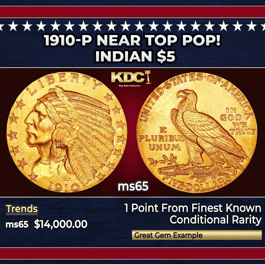 1910-p Gold Indian Half Eagle Near Top Pop! $5 ms65 USCG: 1910-p Near Top Pop! Gold Indian Half Eagle $5 ms65 USCG. A condition rarity at this lofty Gem level, with radiant yellow-gold luster on the obverse and reverse. The strike is strong and no softness i