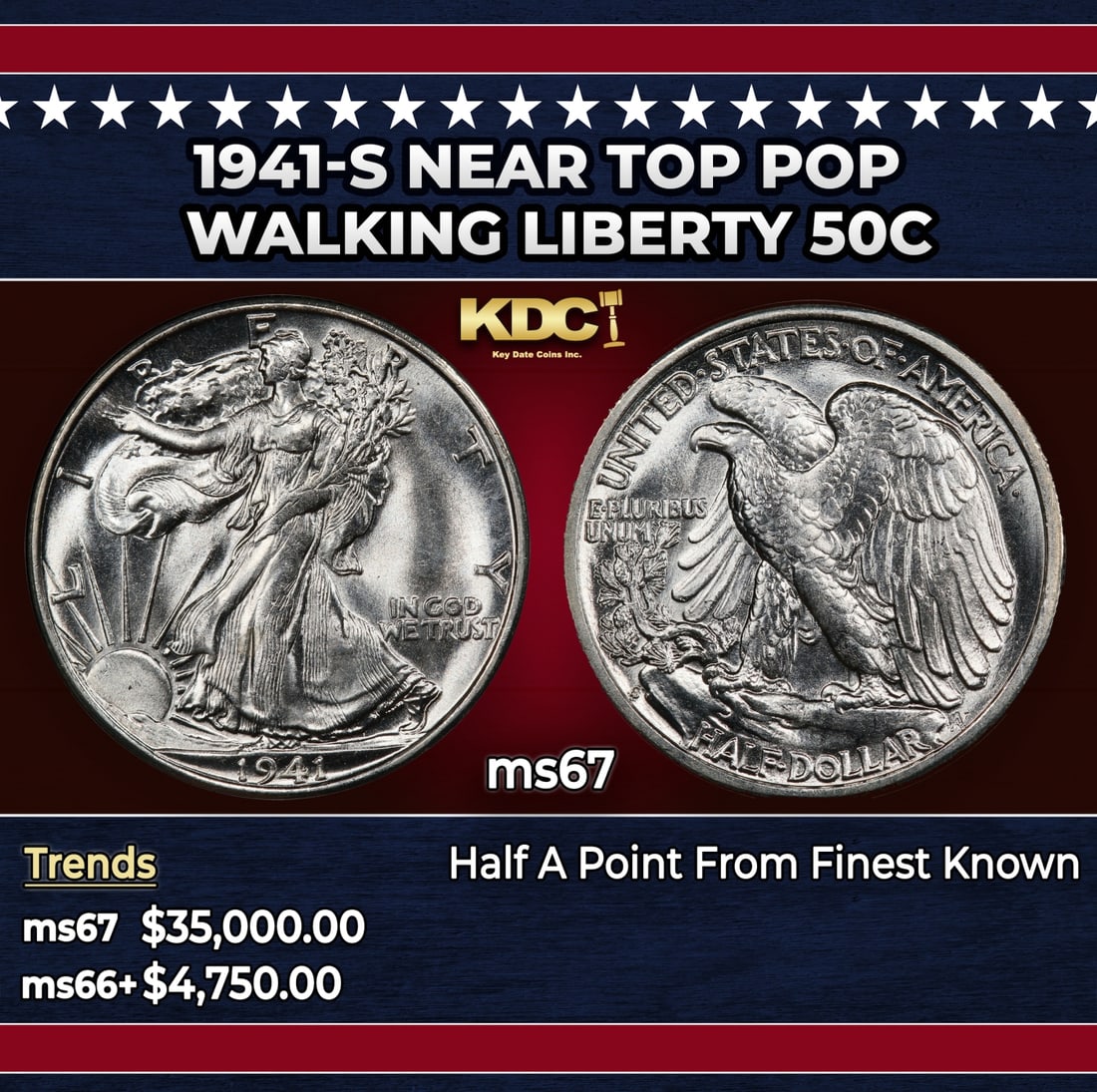 1941-s Walking Liberty Half Dollar Near Top Pop 50c ms67 SEGS: 1941-s Near Top Pop Walking Liberty Half Dollar 50c ms67 SEGS. Historic precious metal trends is causing increased spot pricing by the day. On auctions with set openings, we are doing our best to have
