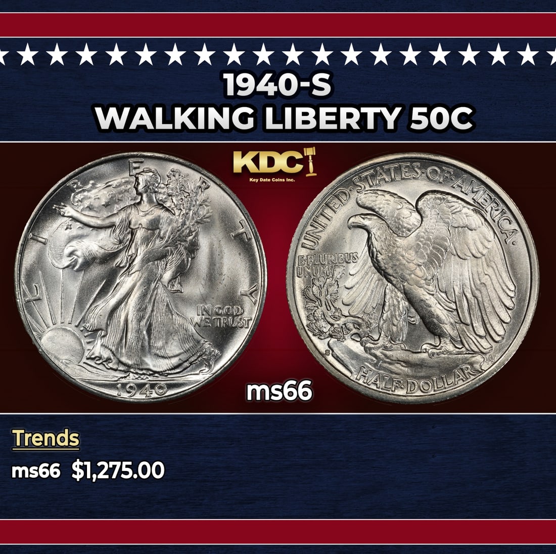 1940-s Walking Liberty Half Dollar 50c ms66 SEGS: 1940-s Walking Liberty Half Dollar 50c ms66 SEGS. Historic precious metal trends is causing increased spot pricing by the day. On auctions with set openings, we are doing our best to have items priced