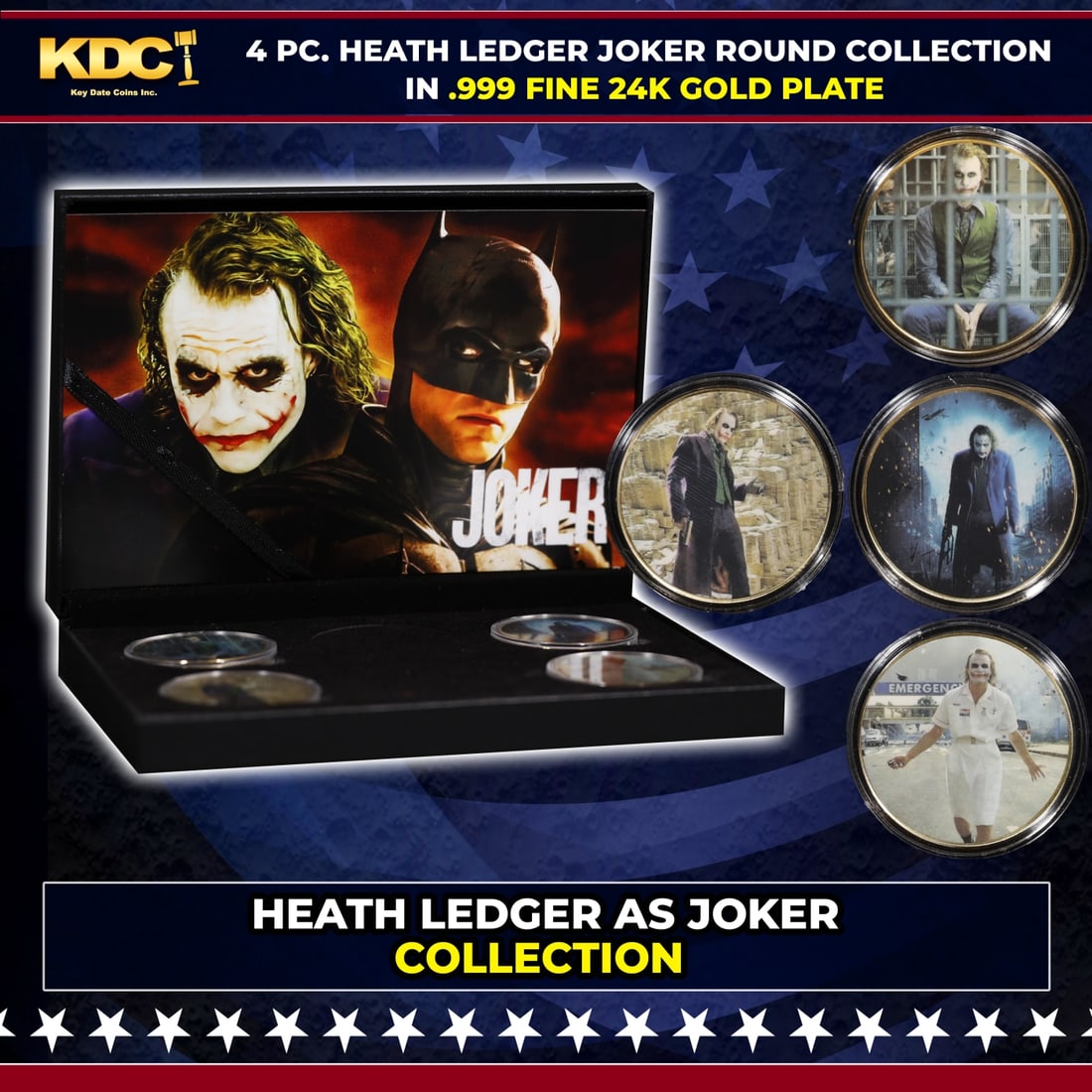 4 PC. Heath Ledger As The JOKER Gold Plated Round Collection In Custom Box W/ Special Backer card: 4 PC. Heath Ledger As The JOKER Gold Plated Round Collection In Custom Box W/ Special Backer card. Please Note All Backer Cards may have slight differences but will be very similar if not identical to
