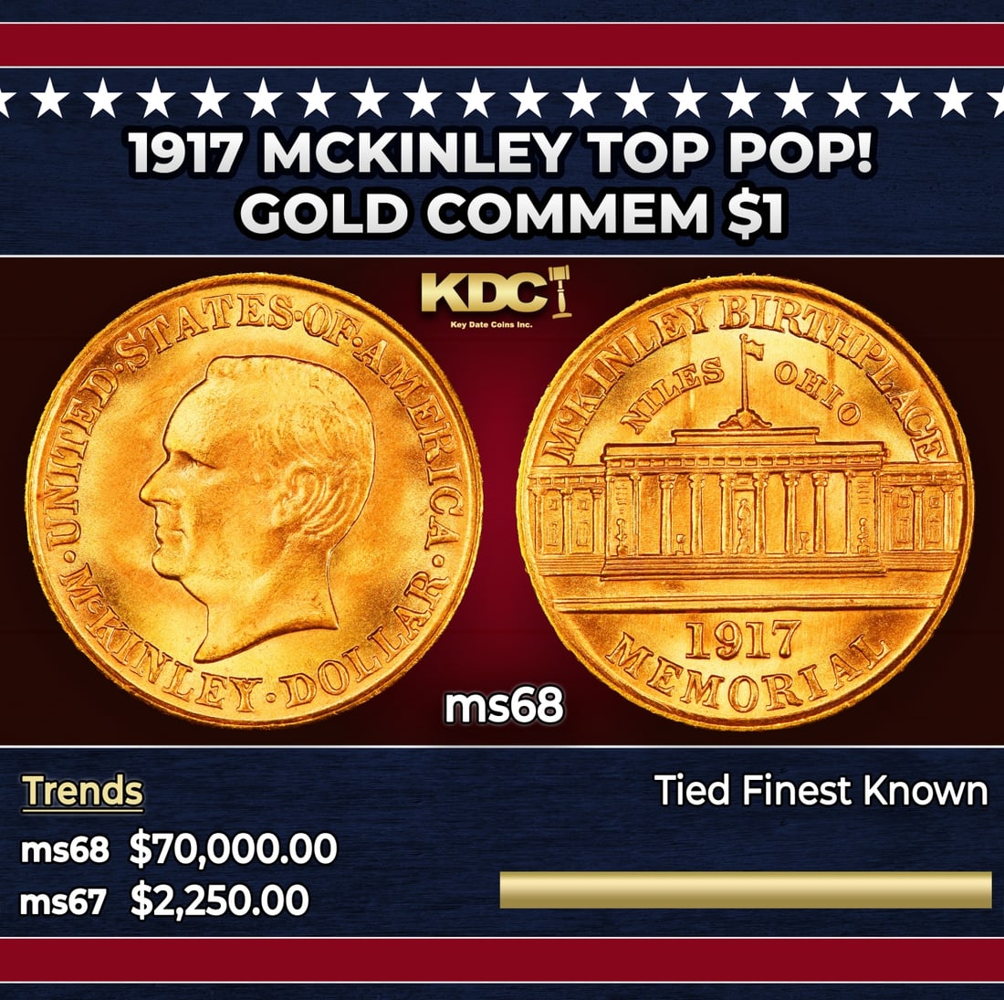 1917 McKinley Gold Commem Dollar TOP POP! 1 ms68 SEGS: 1917 McKinley TOP POP! Gold Commem Dollar 1 ms68 SEGS. Issued in 1917 on the 75th Anniversary of McKinley's Birth, but Due to His Untimely Demise by an Assassin, this Commemorative was Issued to Help 