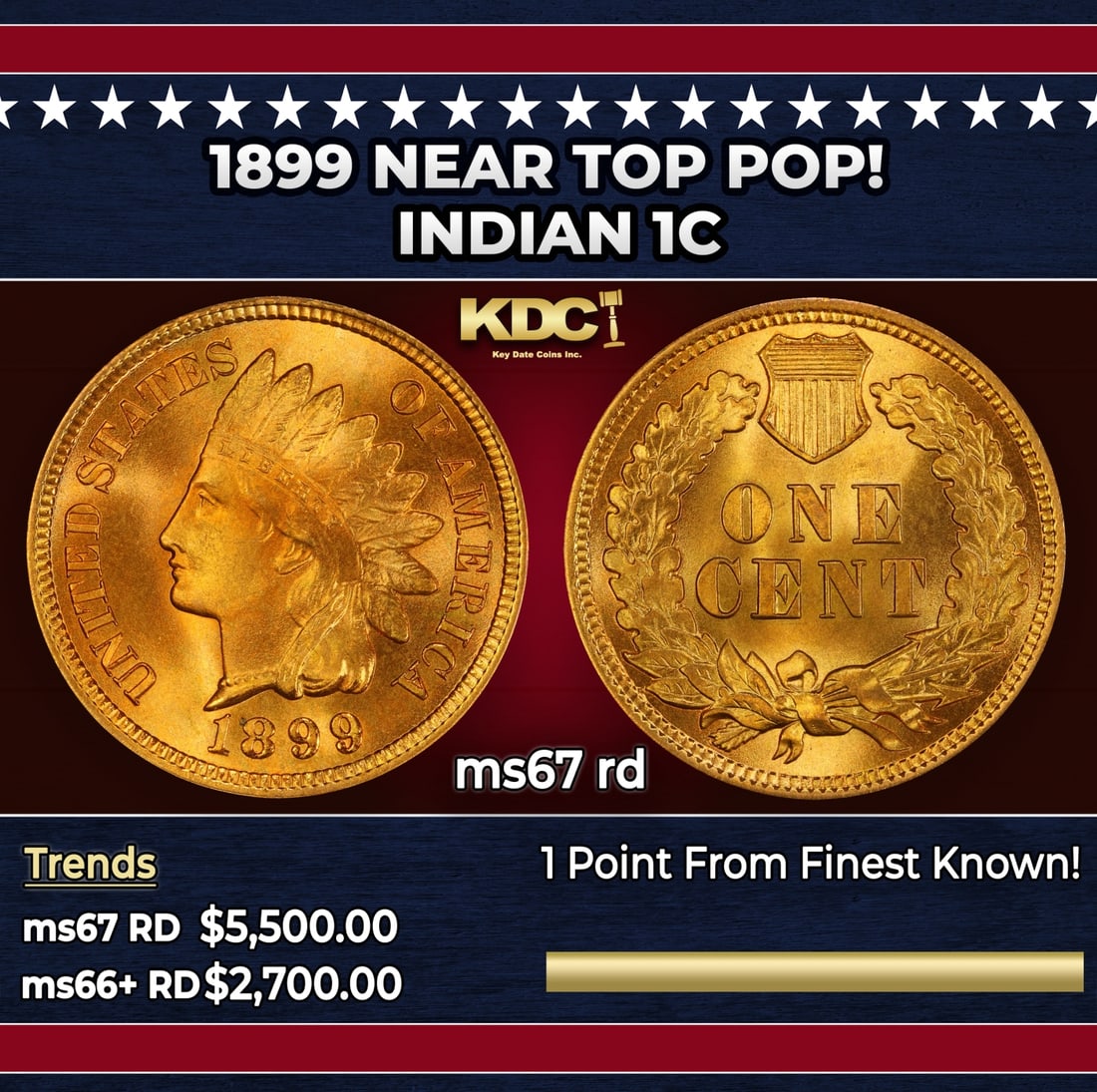 1899 Indian Cent Near Top Pop! 1c ms67 rd SEGS: 1899 Near Top Pop! Indian Cent 1c ms67 rd SEGS. Historic precious metal trends is causing increased spot pricing by the day. On auctions with set openings, we are doing our best to have items priced a