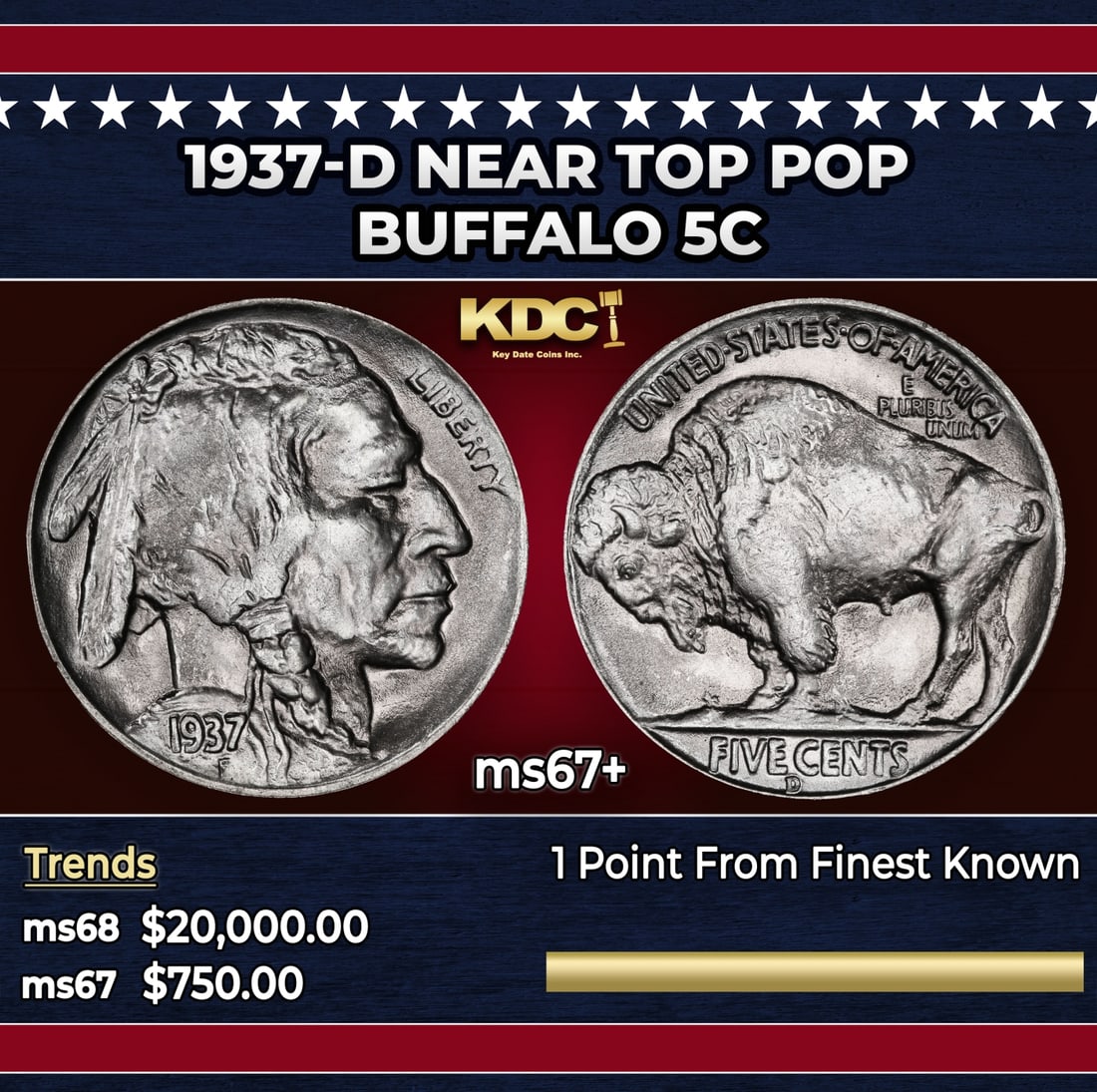 1937-d Buffalo Nickel Near Top Pop 5c ms67+ SEGS: 1937-d Near Top Pop Buffalo Nickel 5c ms67+ SEGS. Historic precious metal trends is causing increased spot pricing by the day. On auctions with set openings, we are doing our best to have items priced