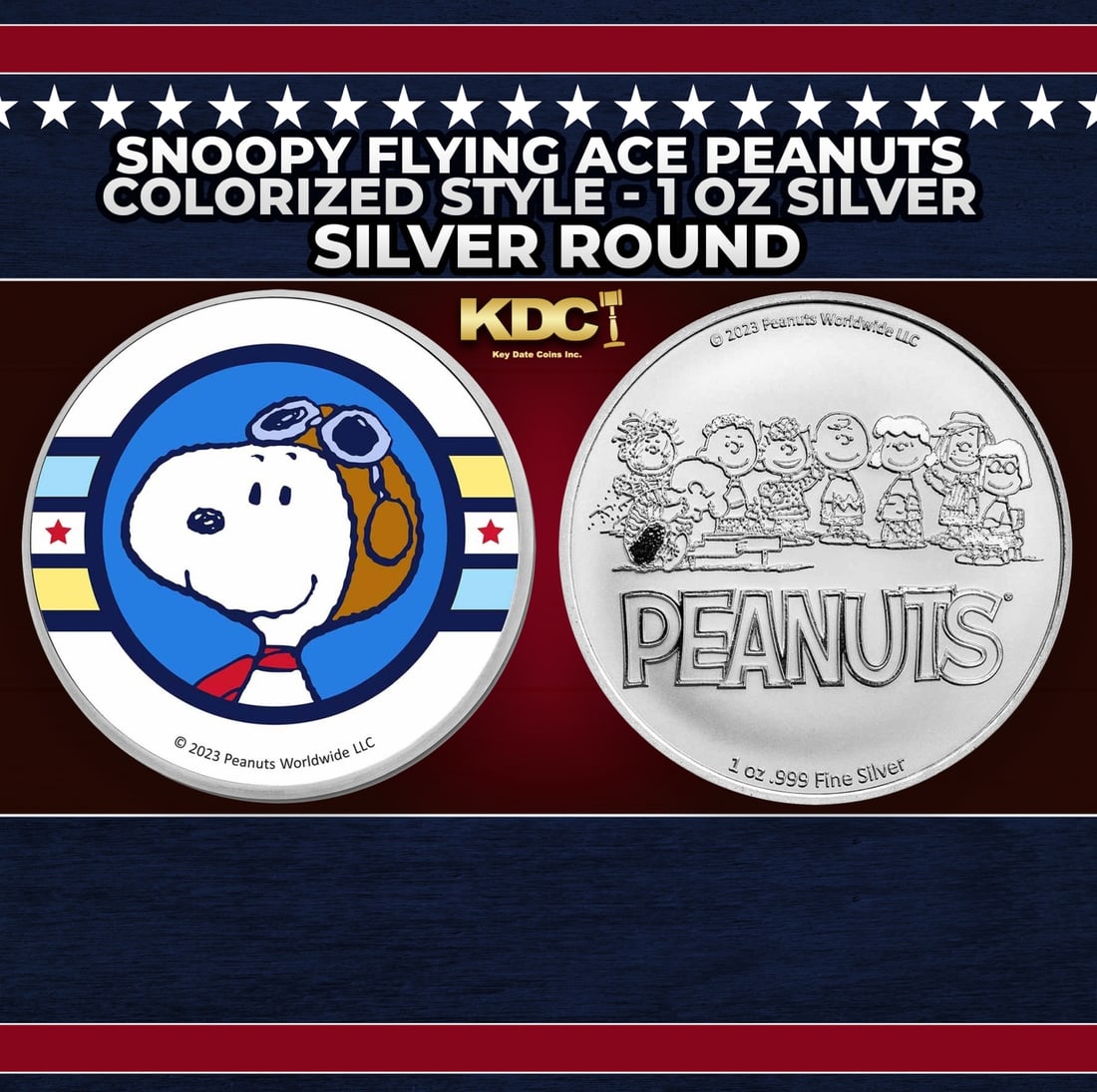 Snoopy Flying Ace Peanuts Colorized Style - 1 oz Silver Round Round: Snoopy Flying Ace Peanuts Colorized Style - 1 oz Silver Round. Now you can collect all of the classic Peanuts characters on these officially licensed silver rounds! Contains 1oz of .999 Fine Silver.