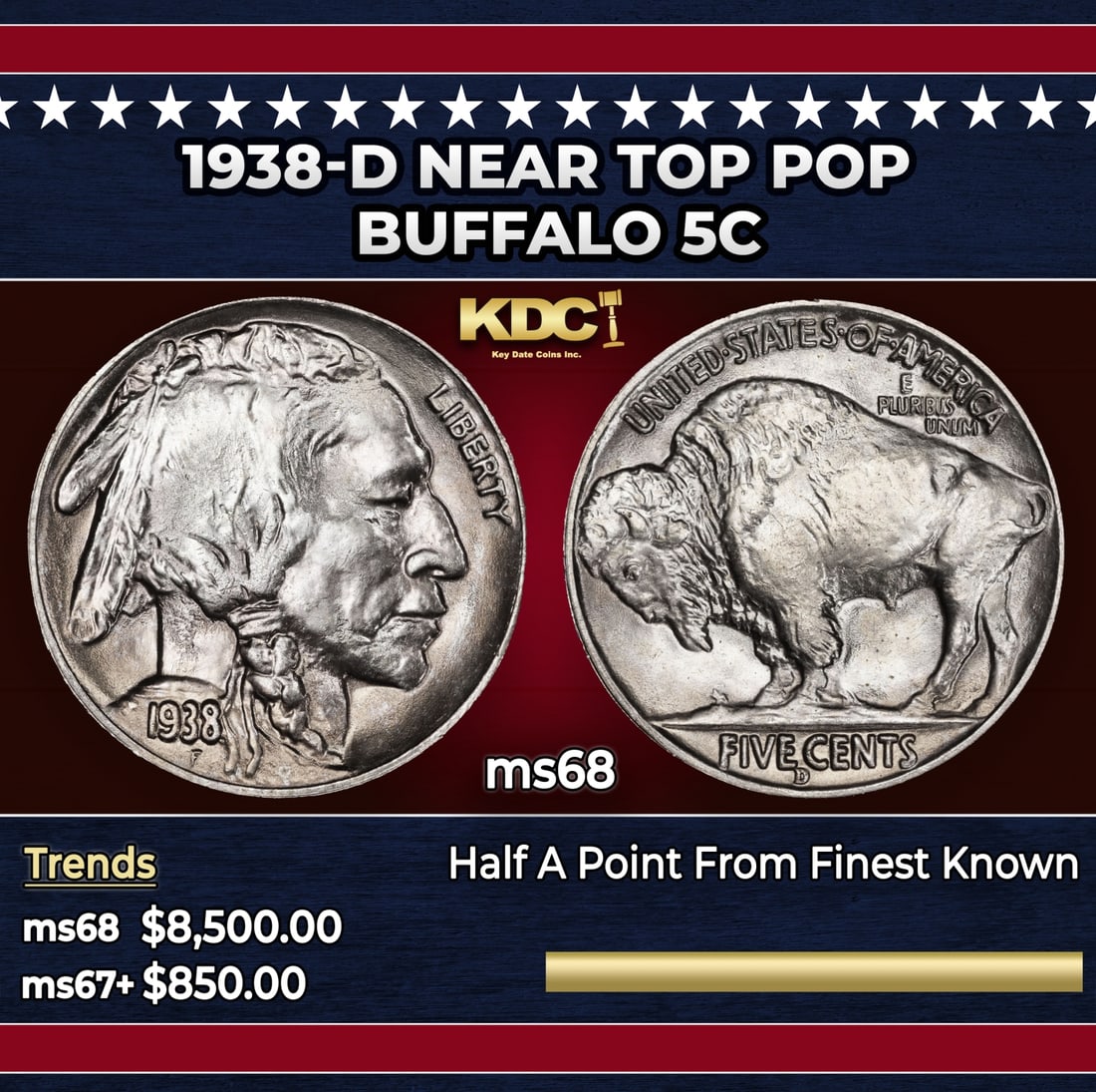 1938-d Buffalo Nickel Near Top Pop 5c ms68 SEGS: 1938-d Near Top Pop Buffalo Nickel 5c ms68 SEGS. Historic precious metal trends is causing increased spot pricing by the day. On auctions with set openings, we are doing our best to have items priced 