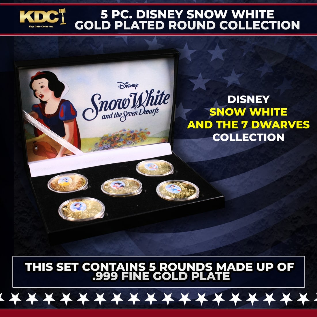 5 Coin Disney Show White and the 7 Dwarves Gold Plated Round Collection: 5 Coin Disney Show White and the 7 Dwarves Gold Plated Round Collection. Please Note All Backer Cards may have slight differences but will be very similar if not identical to the one in the photo