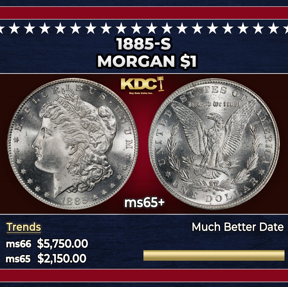 1885-s Morgan Dollar $1 ms65+ SEGS: 1885-s Morgan Dollar $1 ms65+ SEGS.
