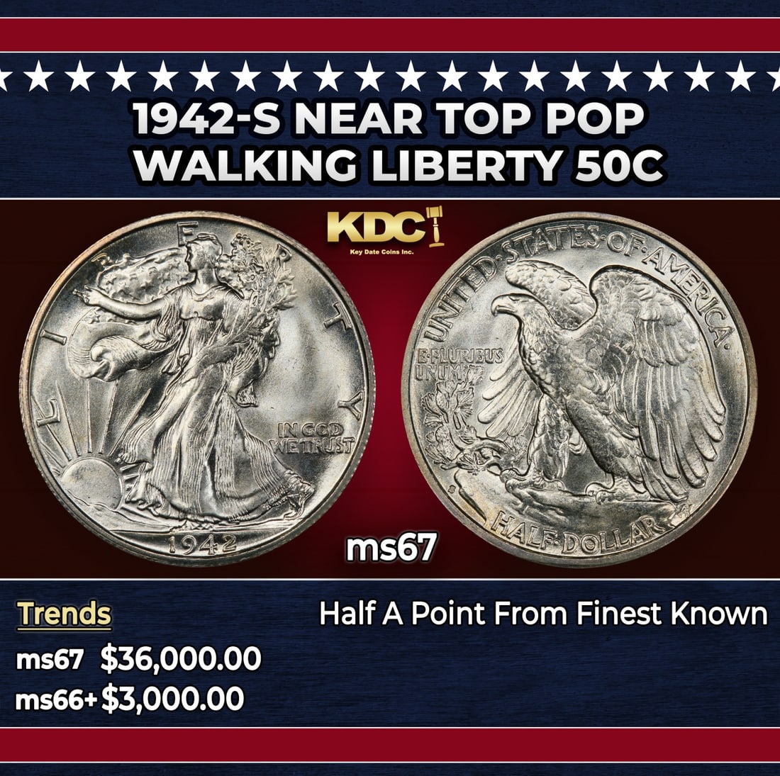 1942-s Walking Liberty Half Dollar Near Top Pop 50c ms67 SEGS: 1942-s Near Top Pop Walking Liberty Half Dollar 50c ms67 SEGS. Historic precious metal trends is causing increased spot pricing by the day. On auctions with set openings, we are doing our best to have