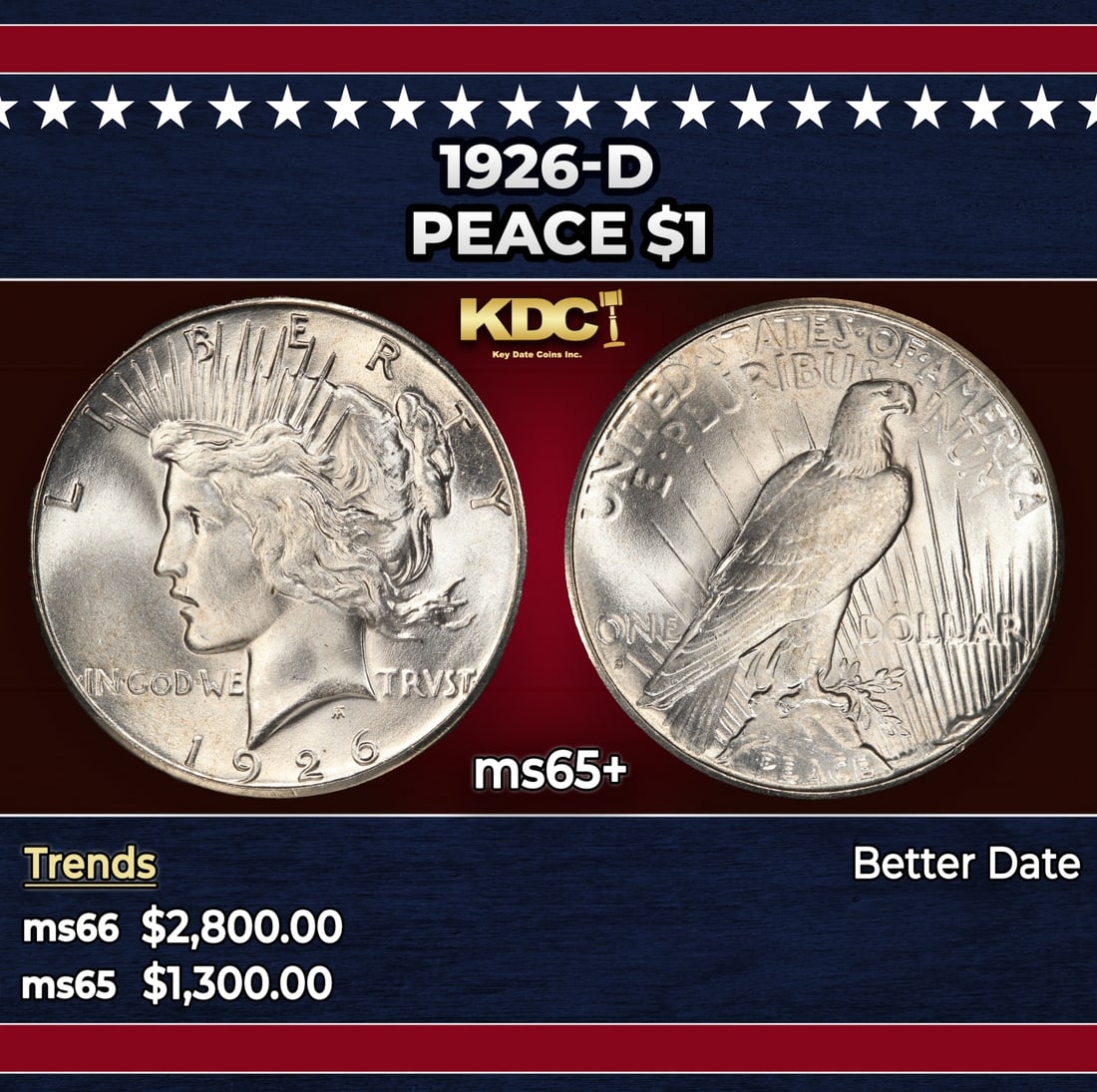 1926-d Peace Dollar $1 ms65+ SEGS: 1926-d Peace Dollar $1 ms65+ SEGS. Historic precious metal trends is causing increased spot pricing by the day. On auctions with set openings, we are doing our best to have items priced at their marke