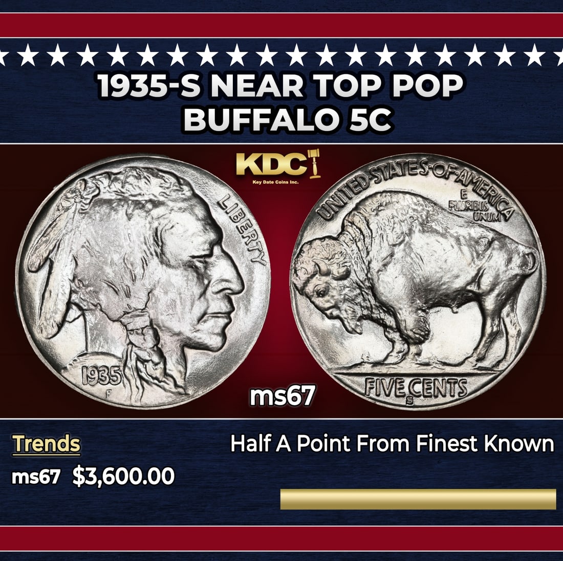 1935-s Buffalo Nickel Near Top Pop 5c ms67 SEGS: 1935-s Near Top Pop Buffalo Nickel 5c ms67 SEGS. Historic precious metal trends is causing increased spot pricing by the day. On auctions with set openings, we are doing our best to have items priced 