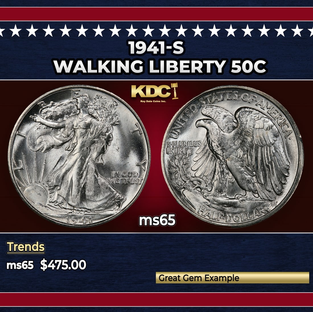 1941-s Walking Liberty Half Dollar 50c Grades ms65: 1941-s Walking Liberty Half Dollar 50c Grades ms65. Historic precious metal trends is causing increased spot pricing by the day. On auctions with set openings, we are doing our best to have items pric