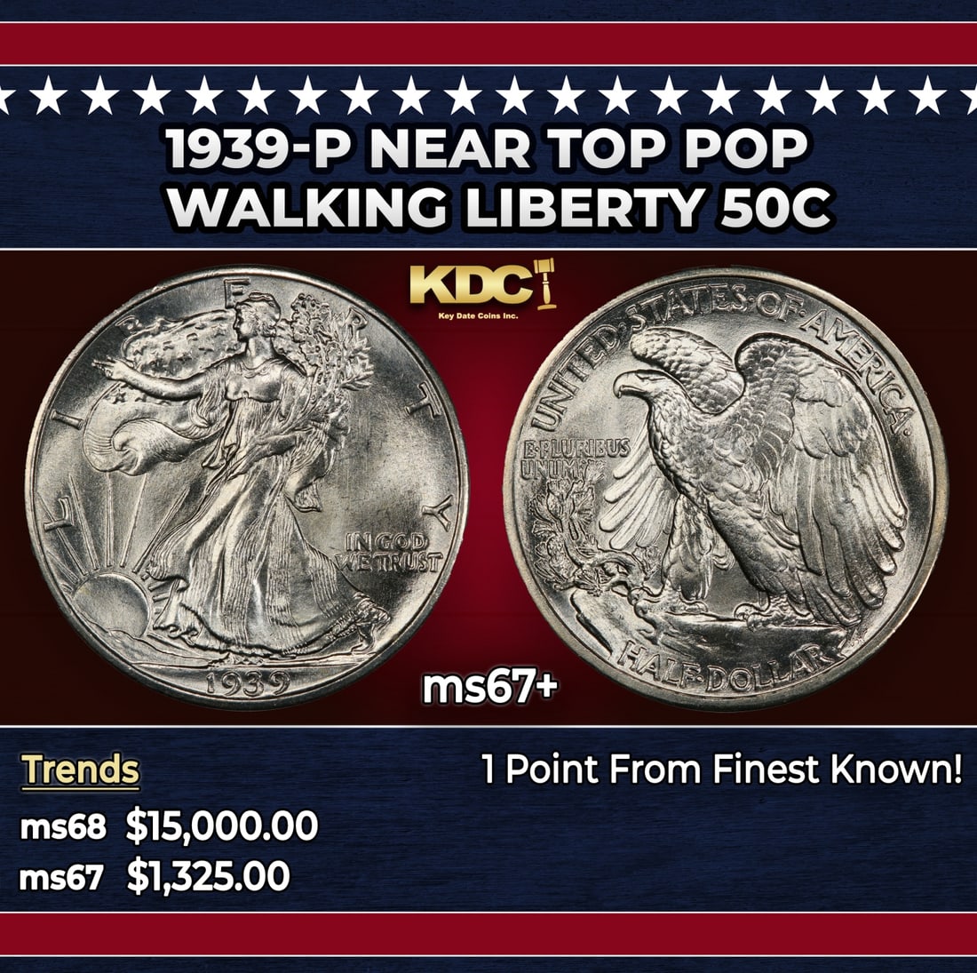 1939-p Walking Liberty Half Dollar Near Top Pop 50c ms67+ SEGS: 1939-p Near Top Pop Walking Liberty Half Dollar 50c ms67+ SEGS. Historic precious metal trends is causing increased spot pricing by the day. On auctions with set openings, we are doing our best to hav