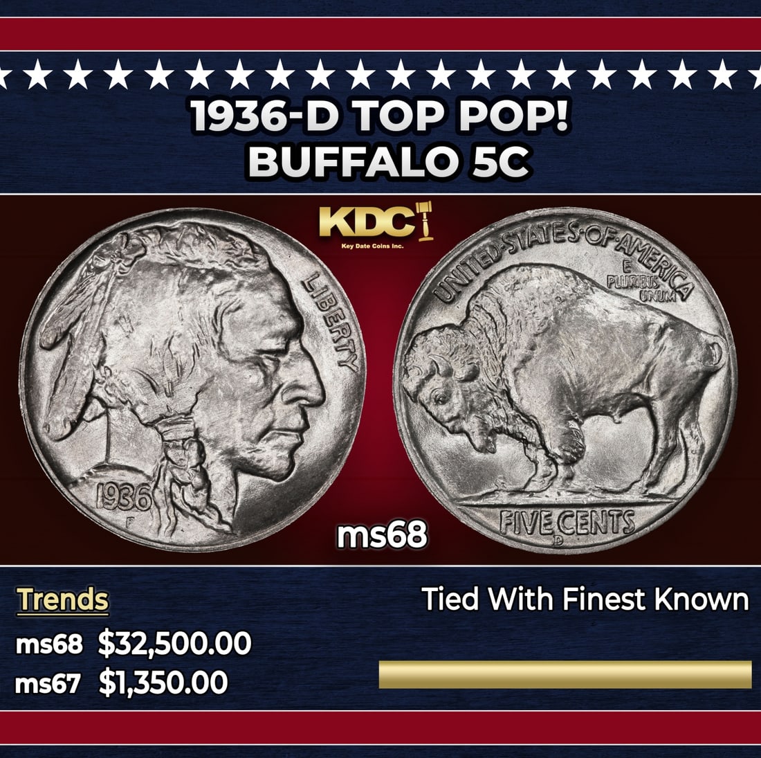 1936-d Buffalo Nickel TOP POP! 5c ms68 SEGS: 1936-d TOP POP! Buffalo Nickel 5c ms68 SEGS. Historic precious metal trends is causing increased spot pricing by the day. On auctions with set openings, we are doing our best to have items priced at t