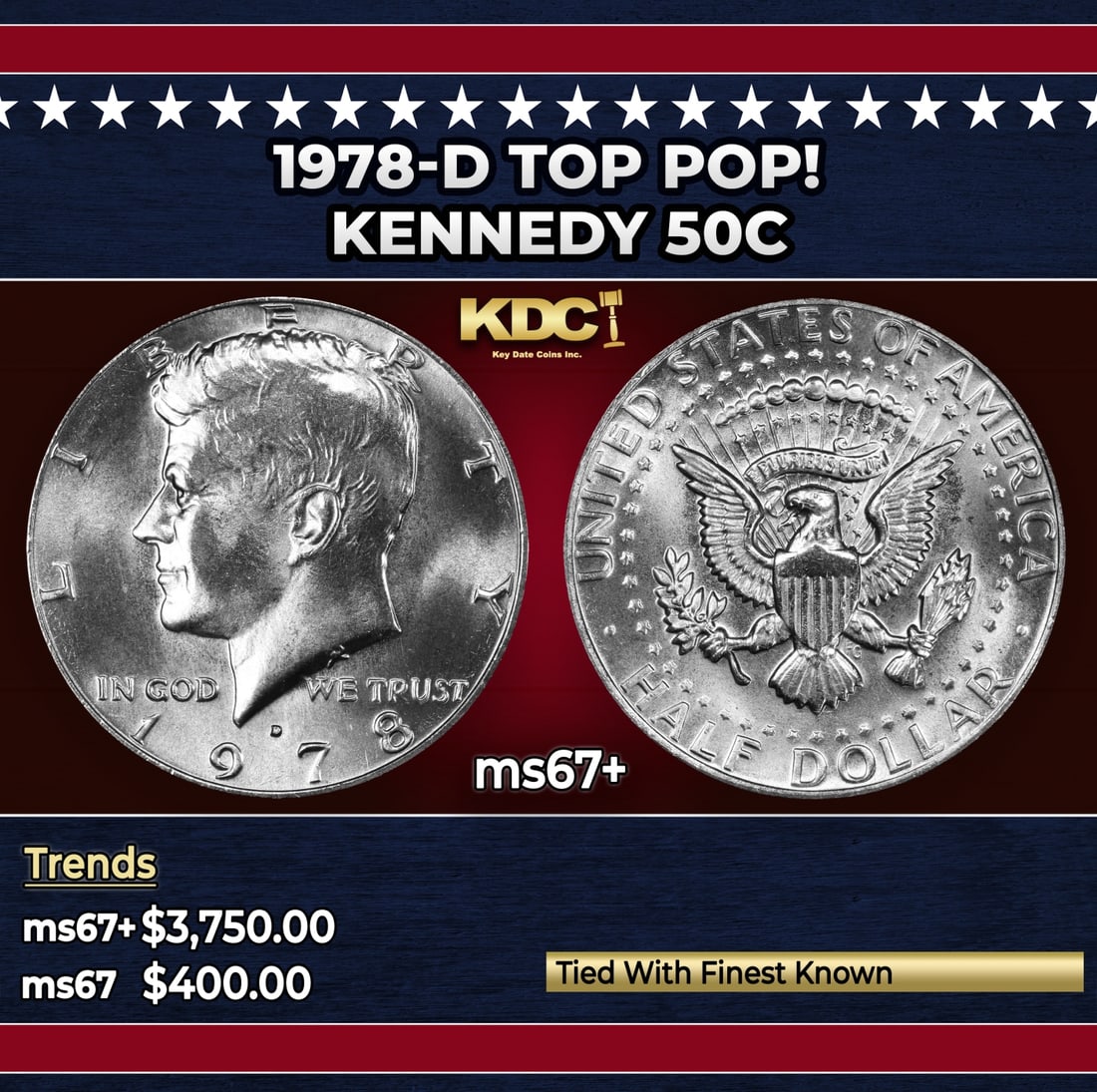 1978-d Kennedy Half Dollar TOP POP! 50c ms67+ SEGS: 1978-d TOP POP! Kennedy Half Dollar 50c ms67+ SEGS. Historic precious metal trends is causing increased spot pricing by the day. On auctions with set openings, we are doing our best to have items pric