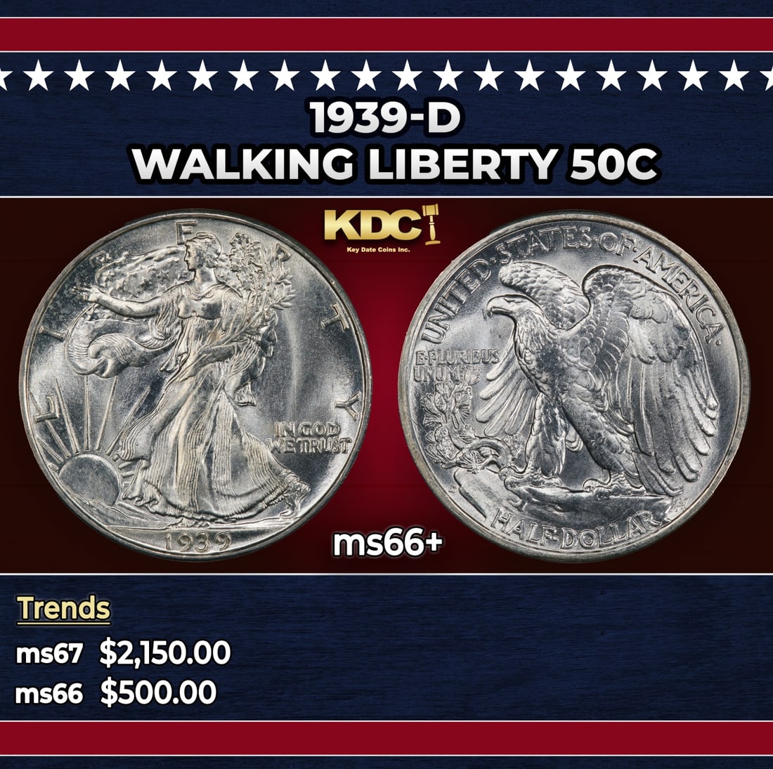 1939-d Walking Liberty Half Dollar 50c ms66+ SEGS: 1939-d Walking Liberty Half Dollar 50c ms66+ SEGS. Historic precious metal trends is causing increased spot pricing by the day. On auctions with set openings, we are doing our best to have items price