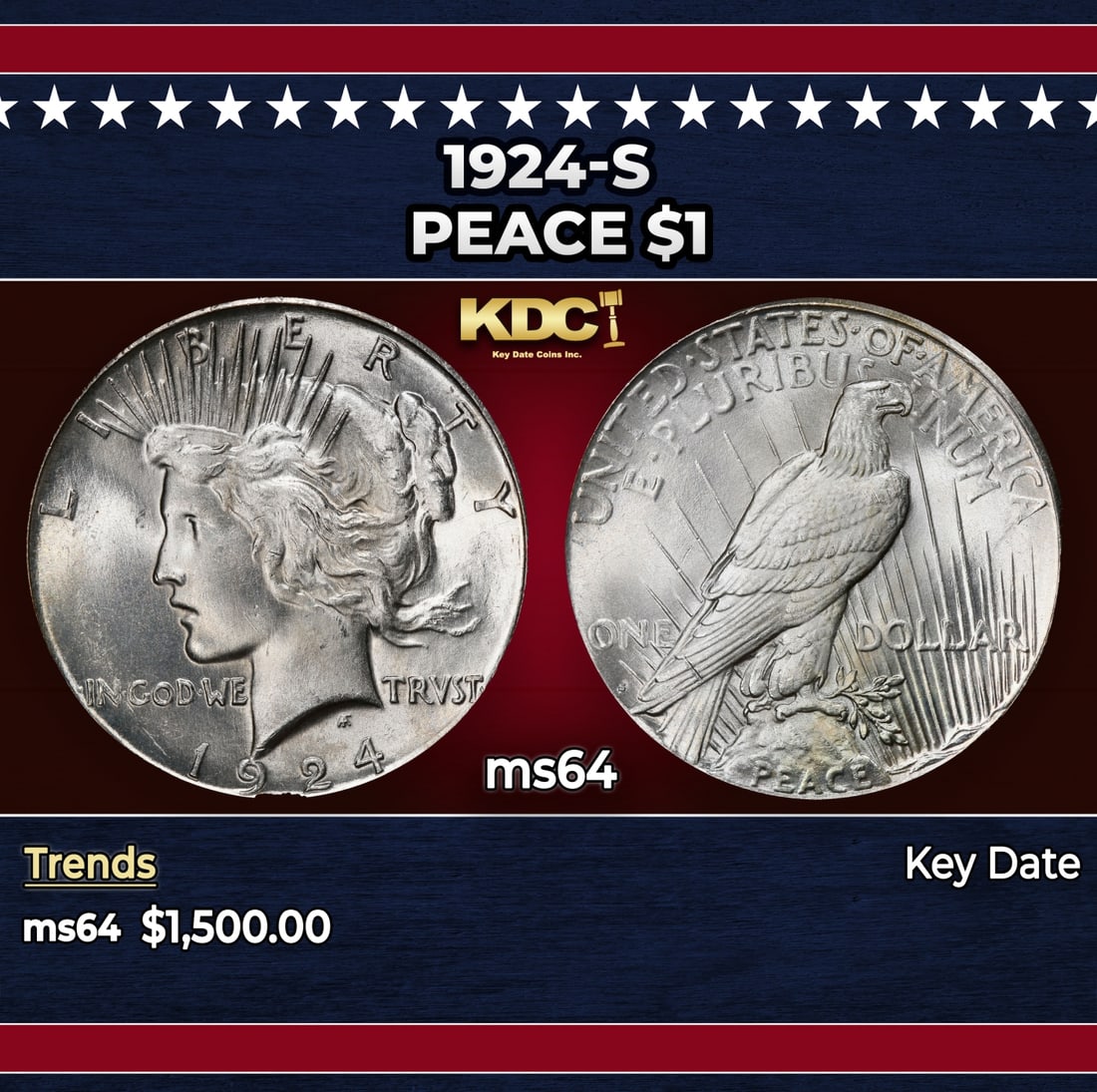 1924-s Peace Dollar $1 ms64 SEGS: 1924-s Peace Dollar $1 ms64 SEGS. Historic precious metal trends is causing increased spot pricing by the day. On auctions with set openings, we are doing our best to have items priced at their market