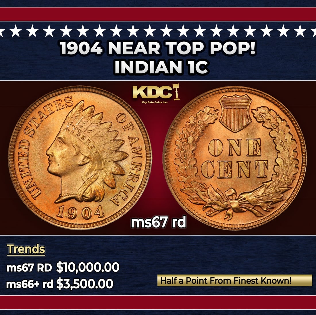 1904 Indian Cent Near Top Pop! 1c ms67 rd SEGS: 1904 Near Top Pop! Indian Cent 1c ms67 rd SEGS. Historic precious metal trends is causing increased spot pricing by the day. On auctions with set openings, we are doing our best to have items priced a