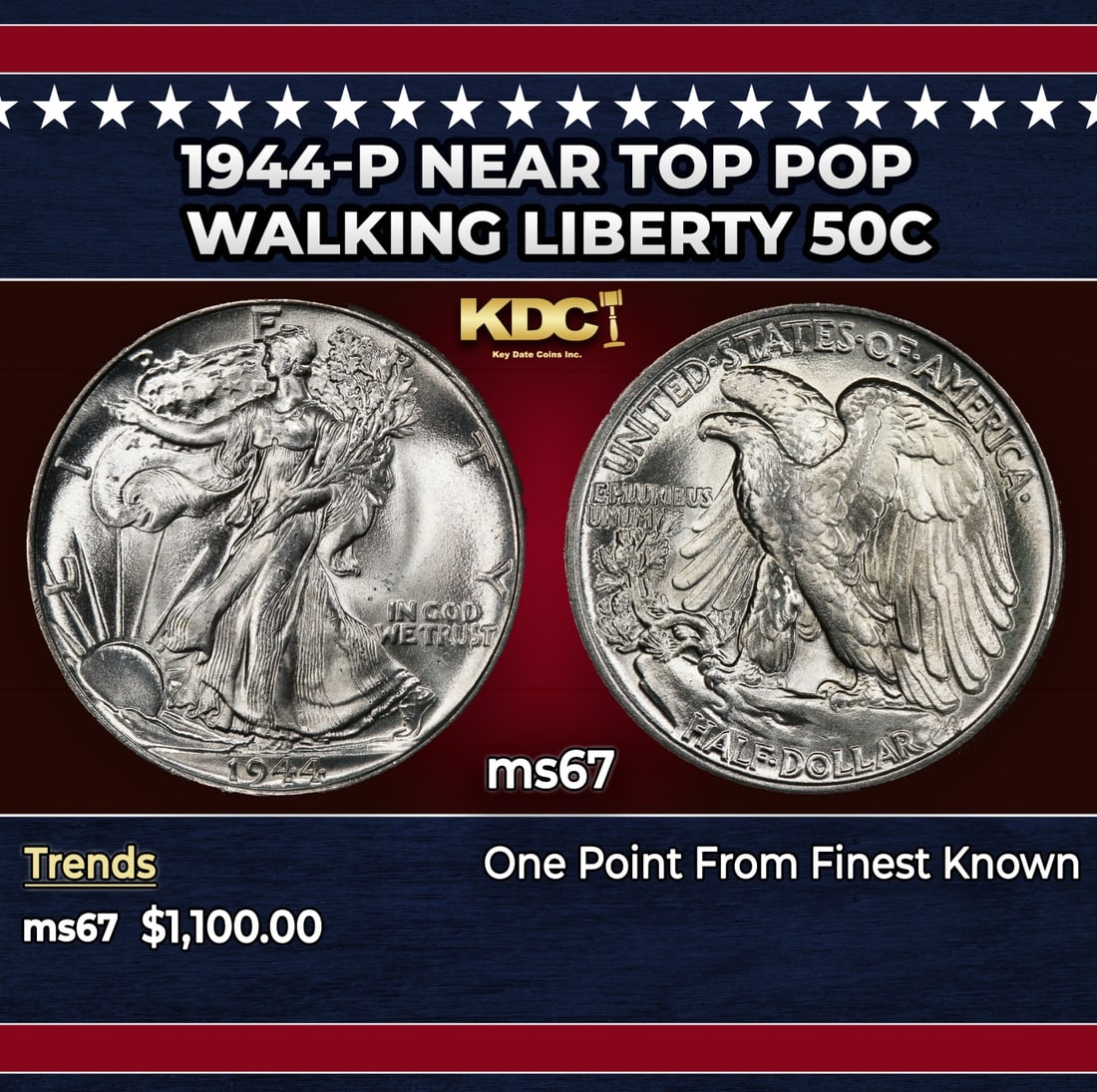 1944-p Walking Liberty Half Dollar Near Top Pop 50c ms67 SEGS: 1944-p Near Top Pop Walking Liberty Half Dollar 50c ms67 SEGS. Historic precious metal trends is causing increased spot pricing by the day. On auctions with set openings, we are doing our best to have