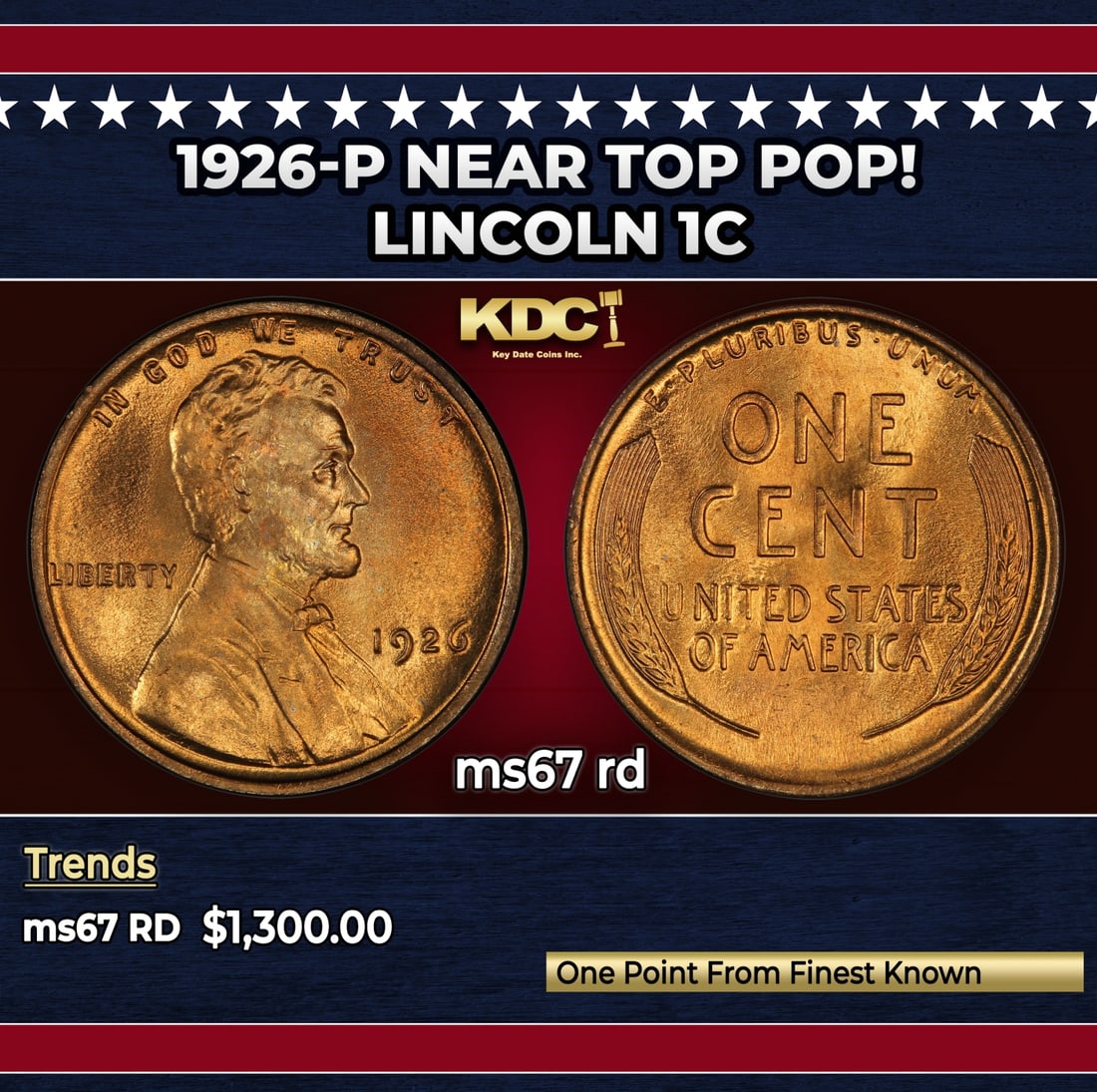1926-p Lincoln Cent Near Top Pop! 1c ms67 rd SEGS: 1926-p Near Top Pop! Lincoln Cent 1c ms67 rd SEGS. Historic precious metal trends is causing increased spot pricing by the day. On auctions with set openings, we are doing our best to have items price
