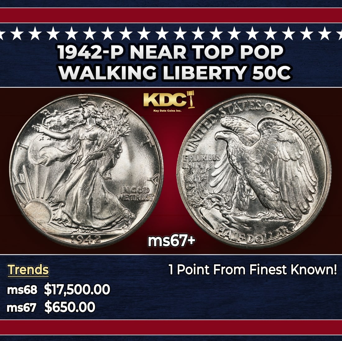 1942-p Walking Liberty Half Dollar Near Top Pop 50c ms67+ SEGS: 1942-p Near Top Pop Walking Liberty Half Dollar 50c ms67+ SEGS. Historic precious metal trends is causing increased spot pricing by the day. On auctions with set openings, we are doing our best to hav