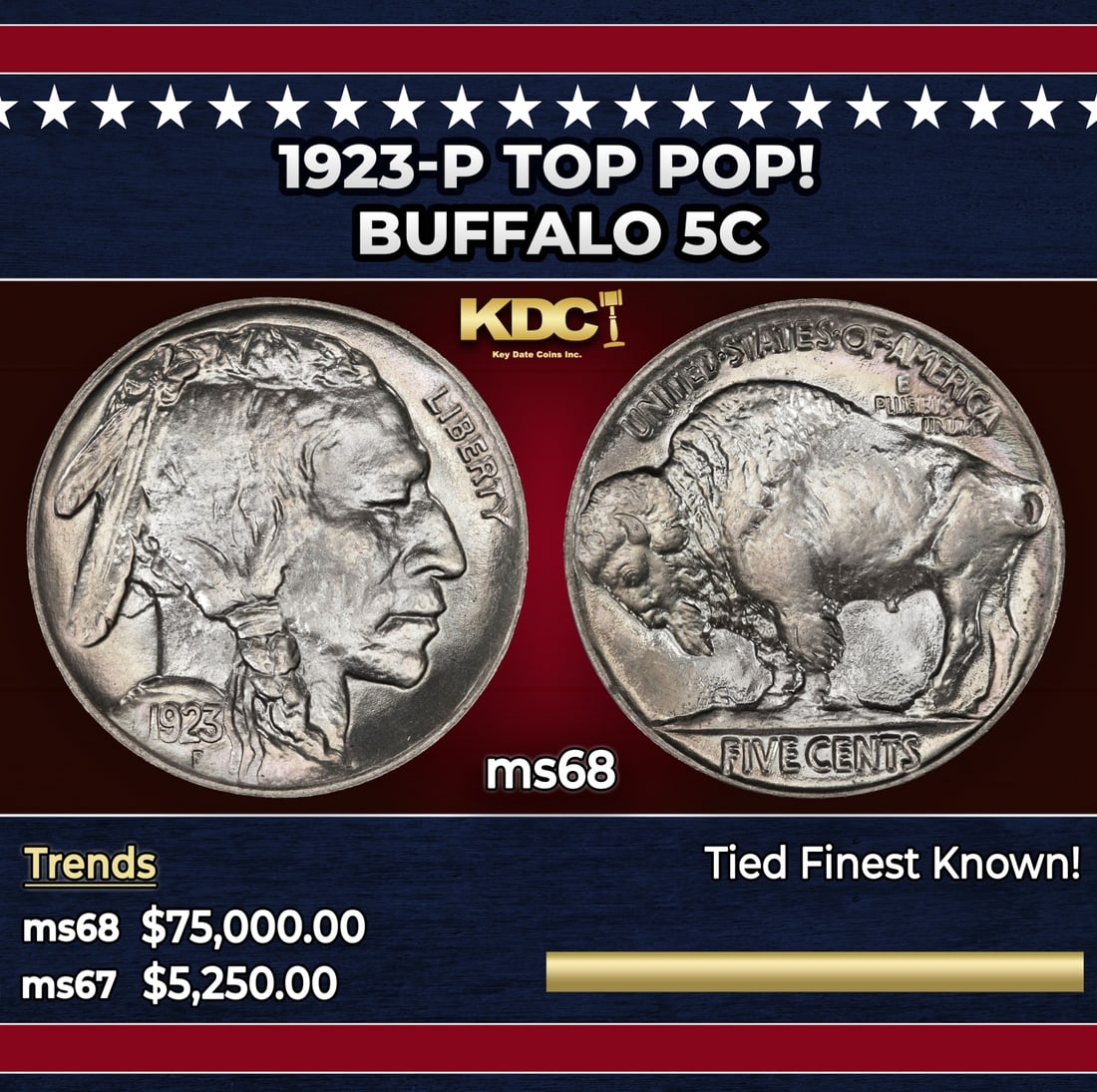1923-p Buffalo Nickel TOP POP! 5c ms68 SEGS: 1923-p TOP POP! Buffalo Nickel 5c ms68 SEGS. Historic precious metal trends is causing increased spot pricing by the day. On auctions with set openings, we are doing our best to have items priced at t