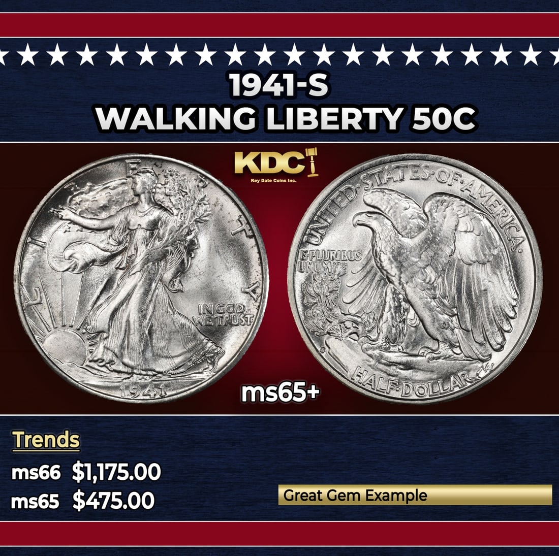 1941-s Walking Liberty Half Dollar 50c Grades ms65+: 1941-s Walking Liberty Half Dollar 50c Grades ms65+. Historic precious metal trends is causing increased spot pricing by the day. On auctions with set openings, we are doing our best to have items pri