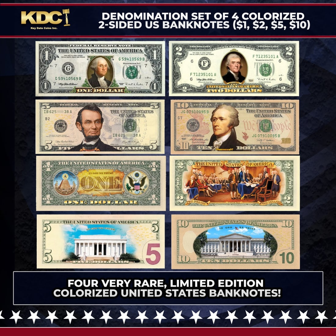 Denomination Set of 4 Colorized 2-Sided US Banknotes ($1, $2, $5, $10) Other Toy: Denomination Set of 4 Colorized 2-Sided US Banknotes ($1, $2, $5, $10). Here's your chance to own or give a collection of four very rare, limited edition COLORIZED United States banknotes, comprising 