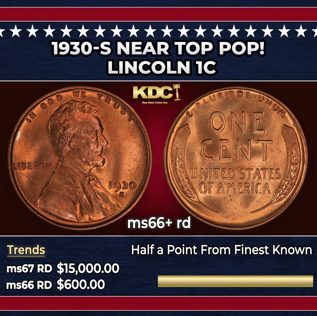 1930-s Lincoln Cent Near Top Pop! 1c ms66+ rd SEGS: 1930-s Near Top Pop! Lincoln Cent 1c ms66+ rd SEGS. Historic precious metal trends is causing increased spot pricing by the day. On auctions with set openings, we are doing our best to have items pric