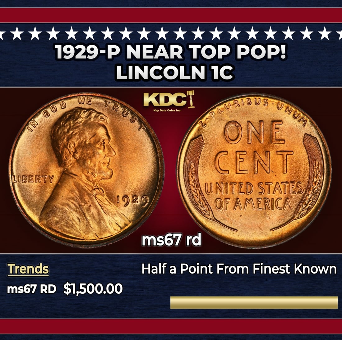 1929-p Lincoln Cent Near Top Pop! 1c ms67 rd SEGS: 1929-p Near Top Pop! Lincoln Cent 1c ms67 rd SEGS. Historic precious metal trends is causing increased spot pricing by the day. On auctions with set openings, we are doing our best to have items price