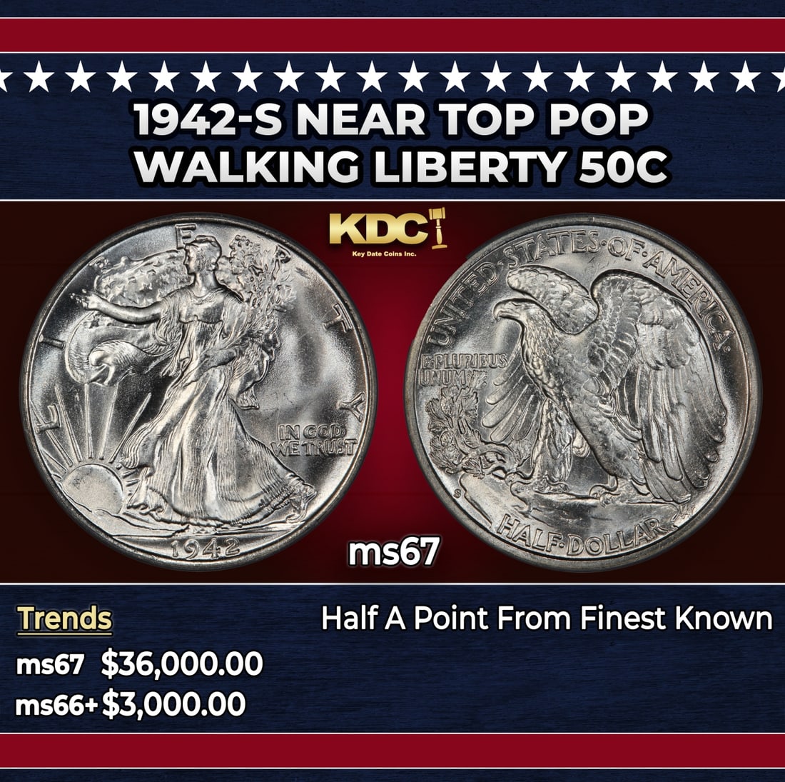 1942-s Walking Liberty Half Dollar Near Top Pop 50c ms67 SEGS: 1942-s Near Top Pop Walking Liberty Half Dollar 50c ms67 SEGS. Historic precious metal trends is causing increased spot pricing by the day. On auctions with set openings, we are doing our best to have
