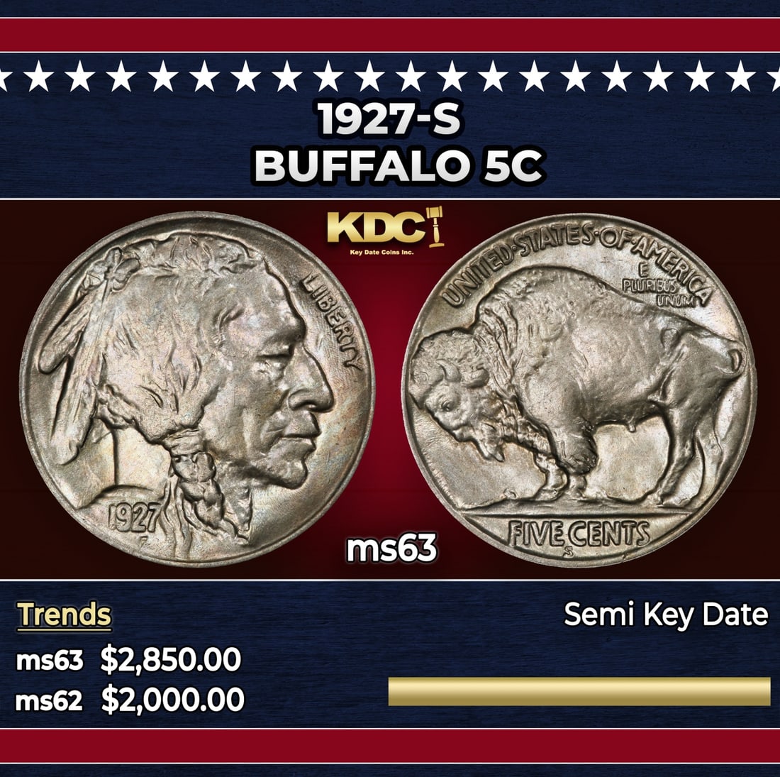 1927-s Buffalo Nickel 5c ms63 USCG: 1927-s Buffalo Nickel 5c ms63 USCG. Per David Hall of PCGS "The 1927-S is semi-common in lower circulated grades, but quite scarce in grades VF20 and above. It is rare in mint state and one of the rar