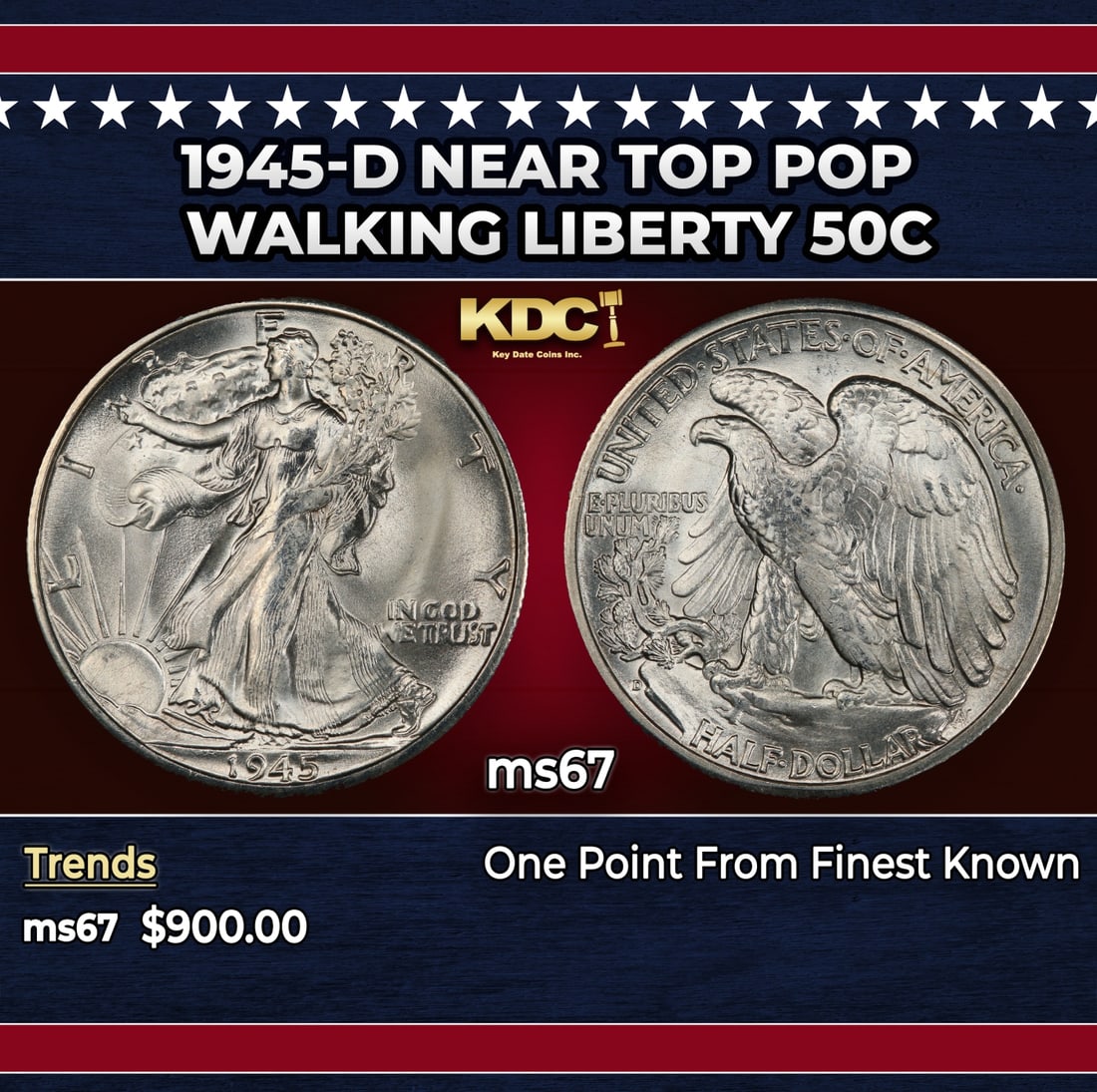 1945-d Walking Liberty Half Dollar Near Top Pop 50c ms67 SEGS: 1945-d Near Top Pop Walking Liberty Half Dollar 50c ms67 SEGS. Historic precious metal trends is causing increased spot pricing by the day. On auctions with set openings, we are doing our best to have