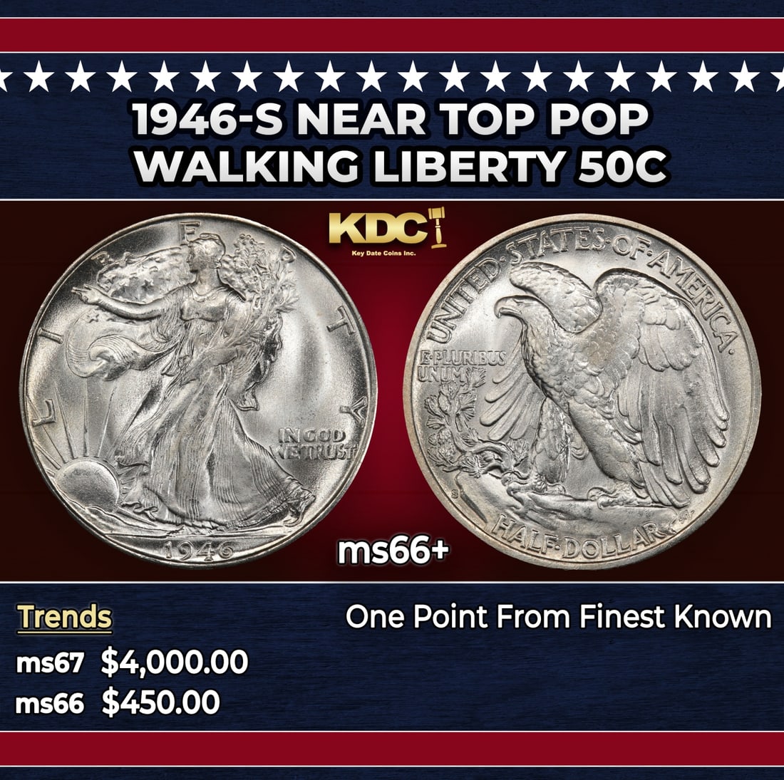 1946-s Walking Liberty Half Dollar Near Top Pop 50c ms66+ SEGS: 1946-s Near Top Pop Walking Liberty Half Dollar 50c ms66+ SEGS. Historic precious metal trends is causing increased spot pricing by the day. On auctions with set openings, we are doing our best to hav