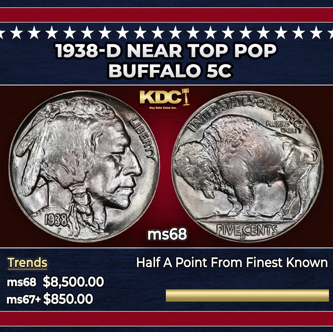 1938-d Buffalo Nickel Near Top Pop 5c ms68 SEGS: 1938-d Near Top Pop Buffalo Nickel 5c ms68 SEGS. Historic precious metal trends is causing increased spot pricing by the day. On auctions with set openings, we are doing our best to have items priced 
