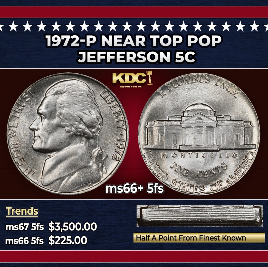 1972-p Jefferson Nickel Near Top Pop 5c ms66+ 5fs SEGS: 1972-p Near Top Pop Jefferson Nickel 5c ms66+ 5fs SEGS. Historic precious metal trends is causing increased spot pricing by the day. On auctions with set openings, we are doing our best to have items 