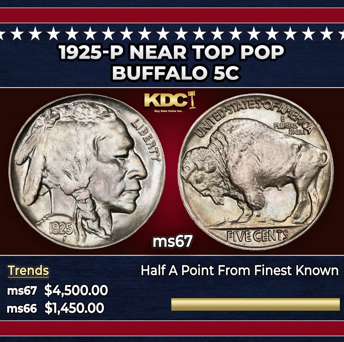 1925-p Buffalo Nickel Near Top Pop 5c ms67 SEGS: 1925-p Near Top Pop Buffalo Nickel 5c ms67 SEGS. Historic precious metal trends is causing increased spot pricing by the day. On auctions with set openings, we are doing our best to have items priced 
