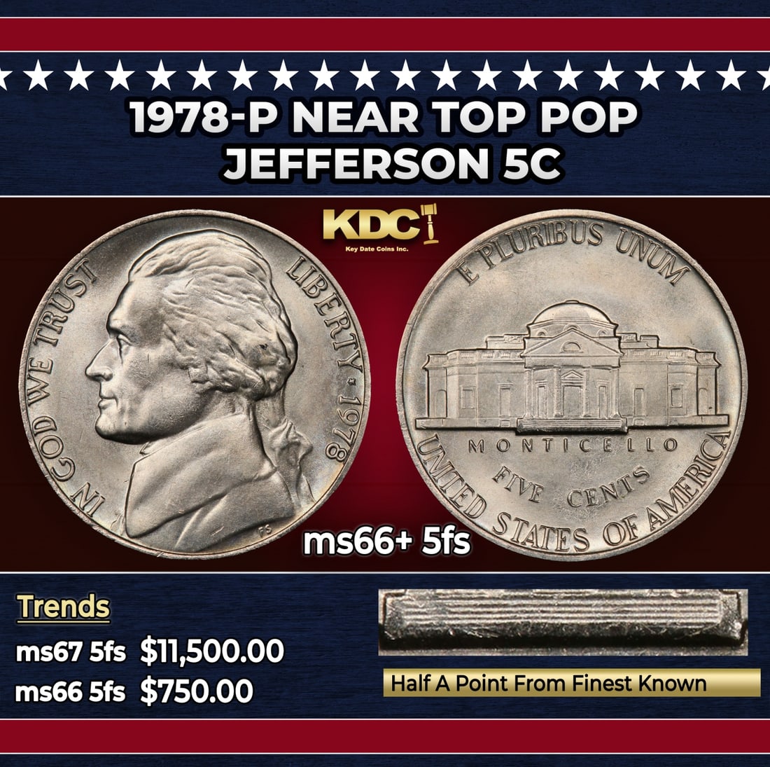 1978-p Jefferson Nickel Near Top Pop 5c ms66+ 5fs SEGS: 1978-p Near Top Pop Jefferson Nickel 5c ms66+ 5fs SEGS. Historic precious metal trends is causing increased spot pricing by the day. On auctions with set openings, we are doing our best to have items 