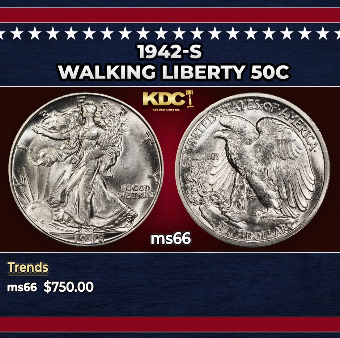 1942-s Walking Liberty Half Dollar 50c Grades ms66: 1942-s Walking Liberty Half Dollar 50c Grades ms66. Historic precious metal trends is causing increased spot pricing by the day. On auctions with set openings, we are doing our best to have items pric