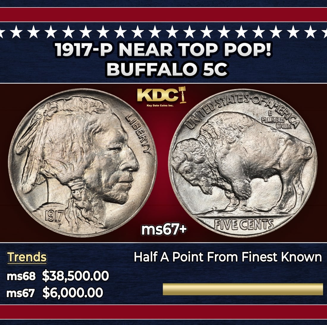 1917-p Buffalo Nickel Near Top Pop! 5c ms67+ SEGS: 1917-p Near Top Pop! Buffalo Nickel 5c ms67+ SEGS. Historic precious metal trends is causing increased spot pricing by the day. On auctions with set openings, we are doing our best to have items price