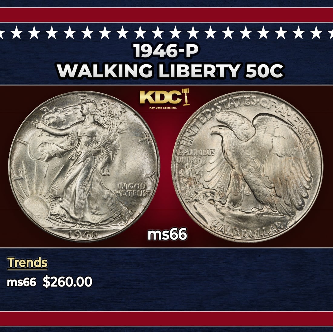 1946-p Walking Liberty Half Dollar 50c Grades ms66: 1946-p Walking Liberty Half Dollar 50c Grades ms66. Historic precious metal trends is causing increased spot pricing by the day. On auctions with set openings, we are doing our best to have items