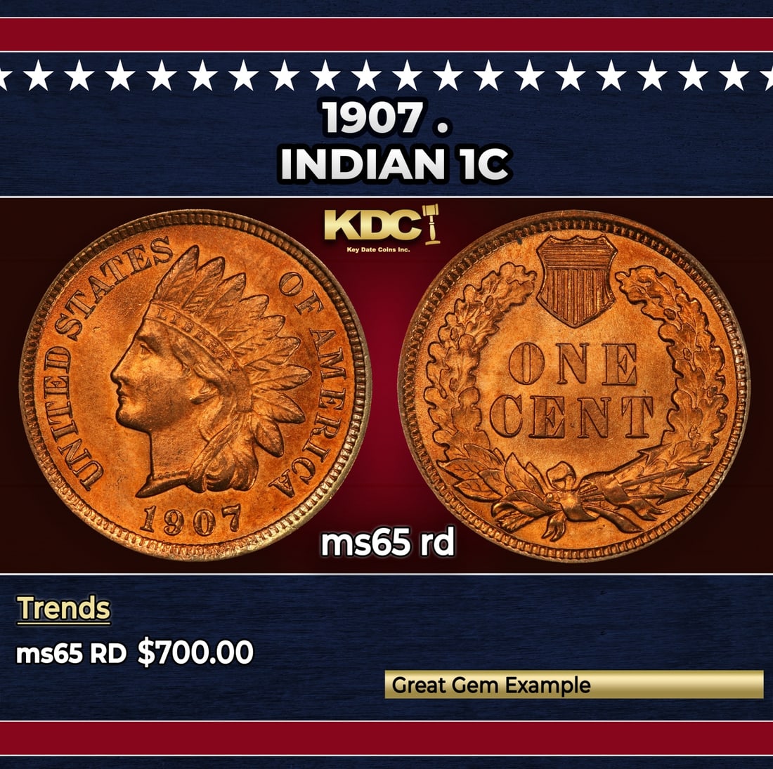 1907 Indian Cent . 1c Grades ms65 rd: 1907 . Indian Cent 1c Grades ms65 rd. Historic precious metal trends is causing increased spot pricing by the day. On auctions with set openings, we are doing our best to have items priced at their ma