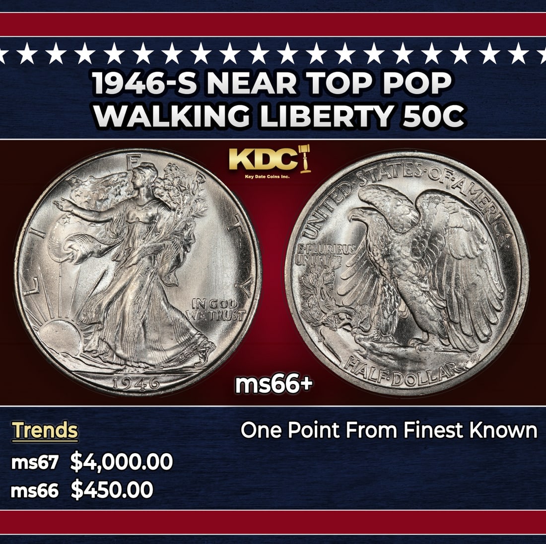 1946-s Walking Liberty Half Dollar Near Top Pop 50c ms66+ SEGS: 1946-s Near Top Pop Walking Liberty Half Dollar 50c ms66+ SEGS. Historic precious metal trends is causing increased spot pricing by the day. On auctions with set openings, we are doing our best to