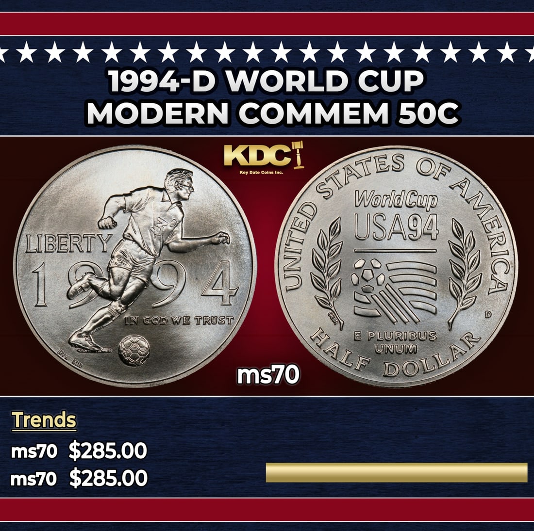 1994-d World Cup Modern Commem Half Dollar 50c ms70 SEGS: 1994-d World Cup Modern Commem Half Dollar 50c ms70 SEGS. Historic precious metal trends is causing increased spot pricing by the day. On auctions with set openings, we are doing our best to have item