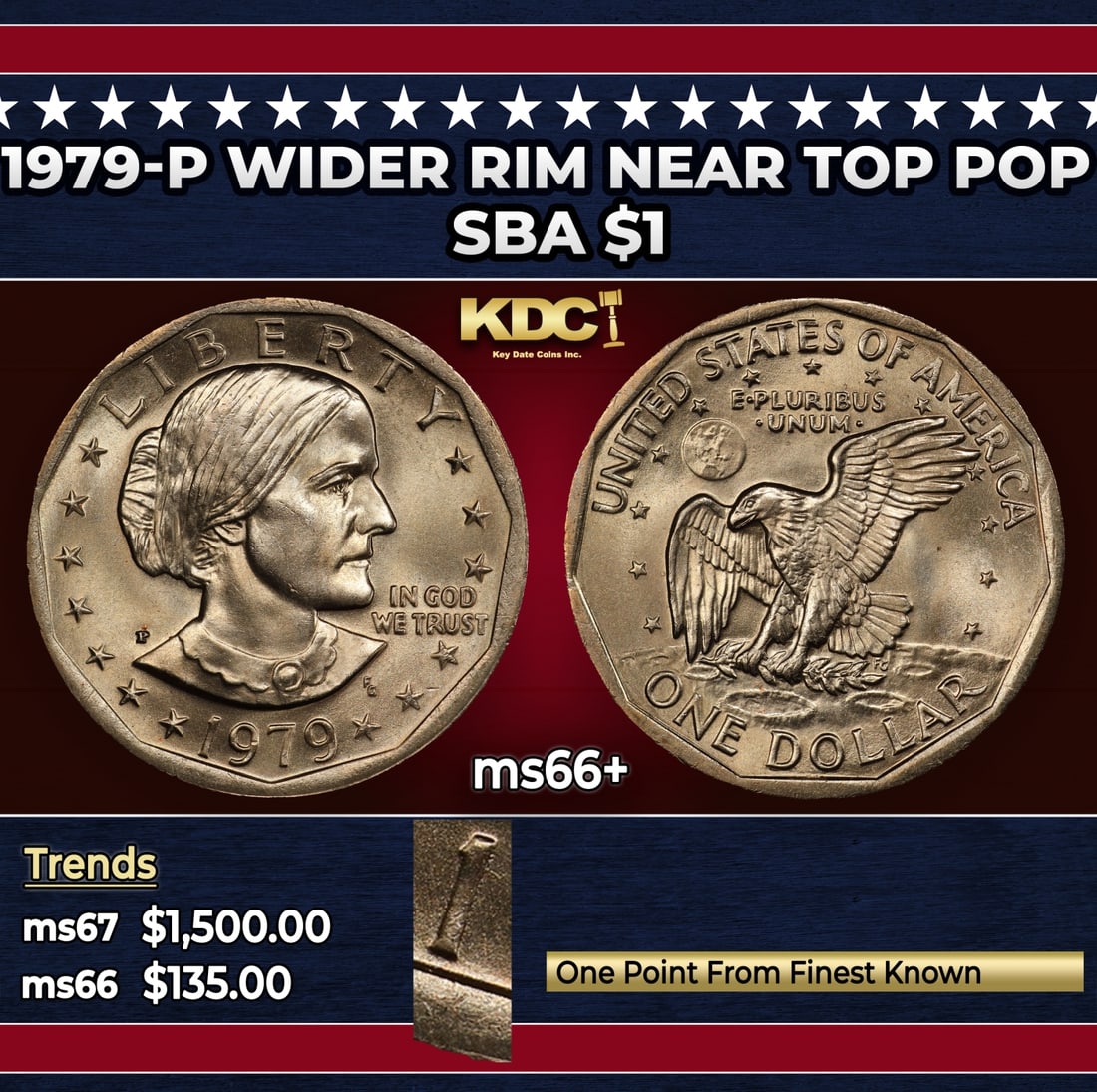 1979-p Wider Rim Susan B. Anthony Dollar Near Top Pop $1 ms66+ SEGS: 1979-p Wider Rim Near Top Pop Susan B. Anthony Dollar $1 ms66+ SEGS. Historic precious metal trends is causing increased spot pricing by the day. On auctions with set openings, we are doing our best t