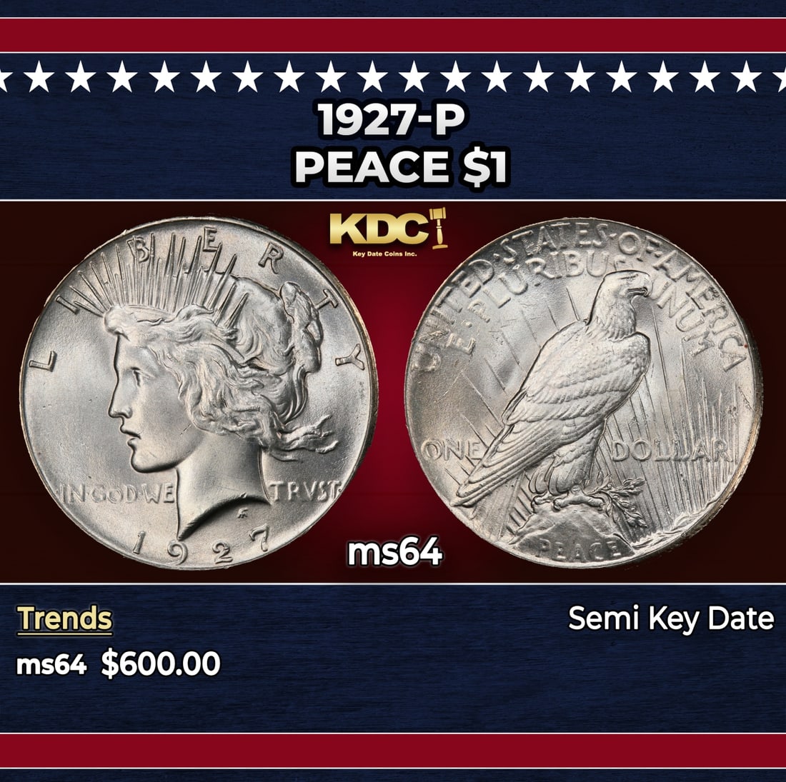 1927-p Peace Dollar $1 Grades ms64: 1927-p Peace Dollar $1 Grades ms64. The 27-p is the big sleeper of numismatics in my opinion. It has the 2nd lowest mintage in the whole Peace dollar series. Lower than the 34-s, the 21-p, yet it does