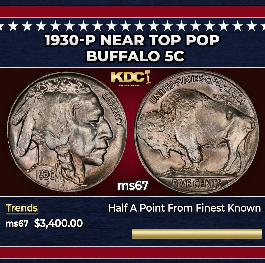 1930-p Buffalo Nickel Near Top Pop 5c ms67 SEGS: 1930-p Near Top Pop Buffalo Nickel 5c ms67 SEGS. Historic precious metal trends is causing increased spot pricing by the day. On auctions with set openings, we are doing our best to have items priced 