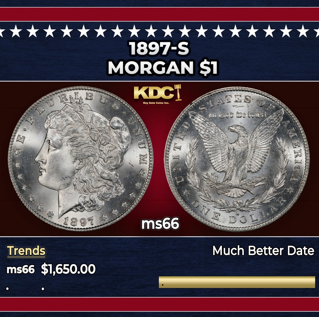 1897-s Morgan Dollar $1 ms66 SEGS: 1897-s Morgan Dollar $1 ms66 SEGS.