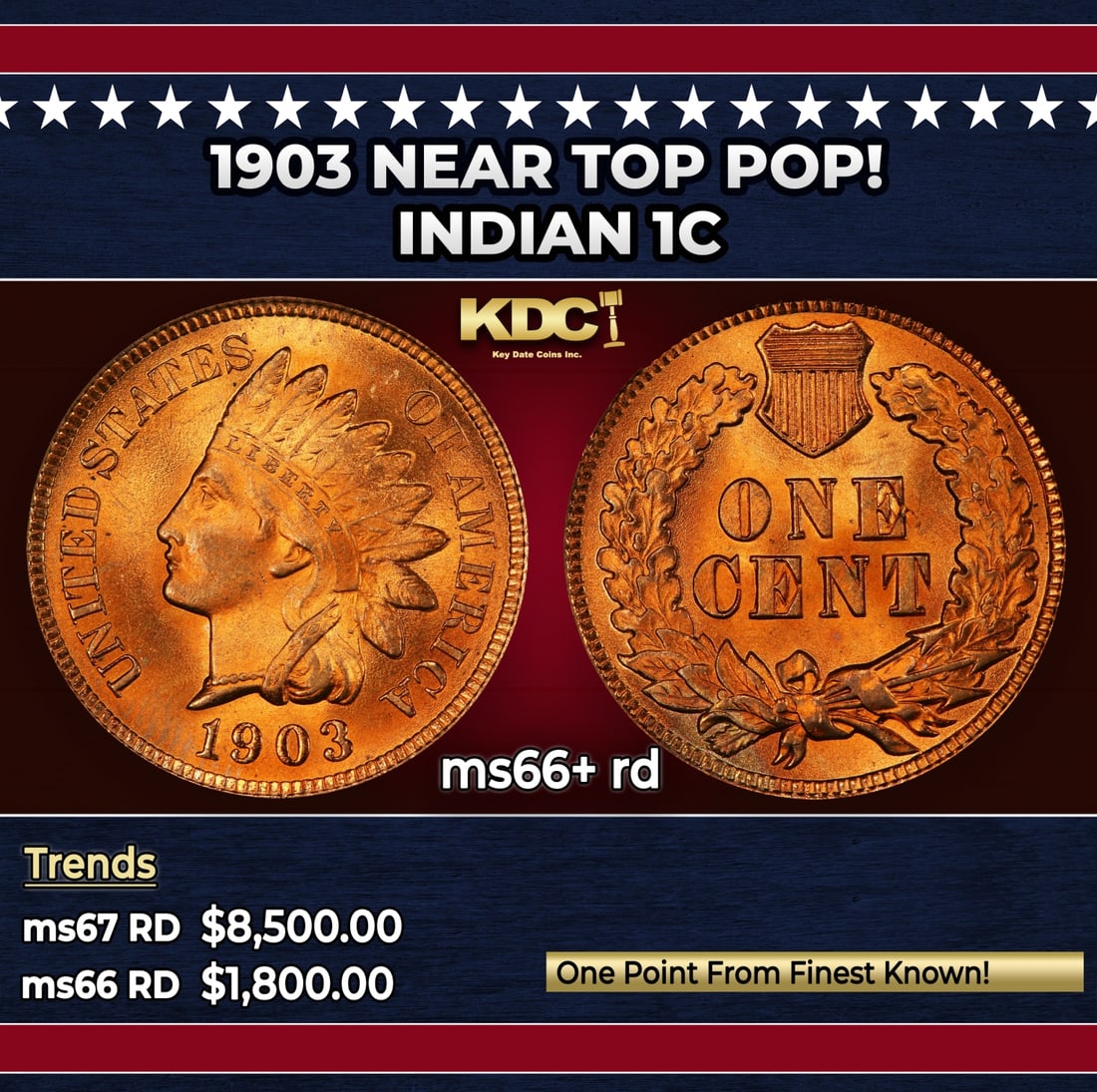 1903 Indian Cent Near Top Pop! 1c ms66+ rd SEGS: 1903 Near Top Pop! Indian Cent 1c ms66+ rd SEGS. Historic precious metal trends is causing increased spot pricing by the day. On auctions with set openings, we are doing our best to have items priced 