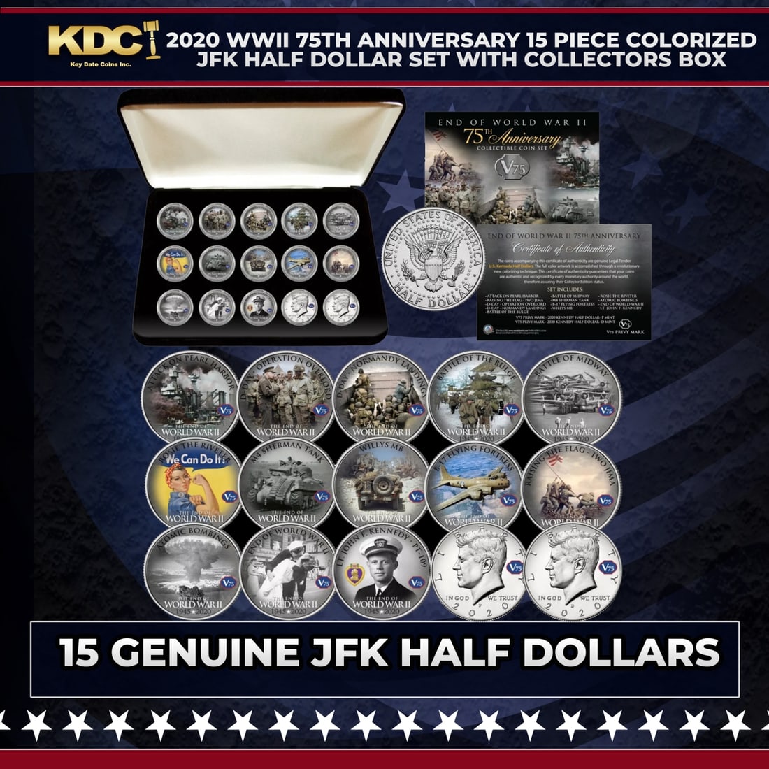 2020 WWII 75th Anniversary 15 Piece Colorized JFK Half Dollar Set with Collectors Box Other Toy (1 of 1)